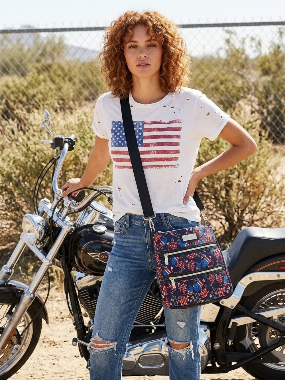 Betsey Johnson Navy, Red & White American Flag Skull Crossbody Bag